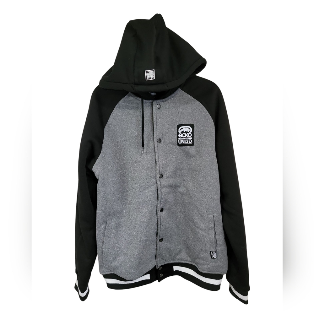 Ecko Unlimited Gray and Black Bomber Jacket Y2K Style, Snap Button, Hood NWT